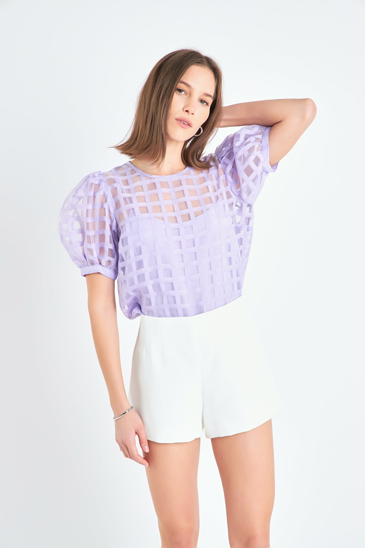 ENGLISH FACTORY - Plaid Sheer Puff Sleeve Top - TOPS available at Objectrare