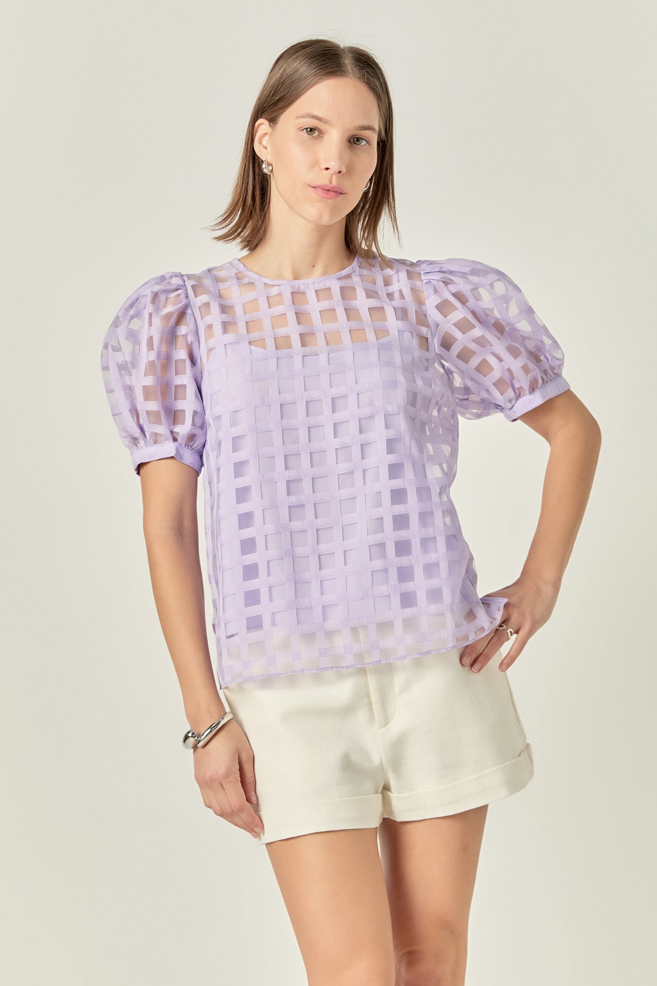 Puff Sleeve Plaid Sheer Top