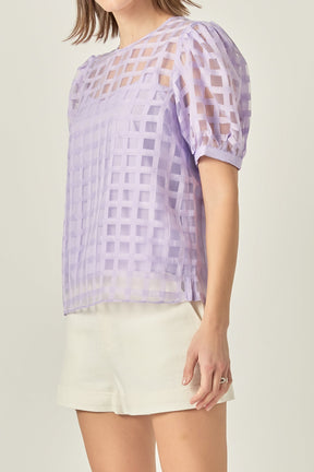 Puff Sleeve Plaid Sheer Top