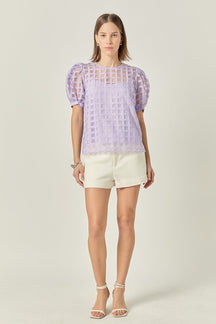 Puff Sleeve Plaid Sheer Top