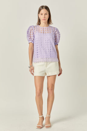 Puff Sleeve Plaid Sheer Top