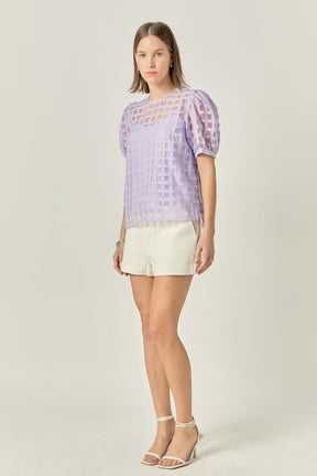 Puff Sleeve Plaid Sheer Top