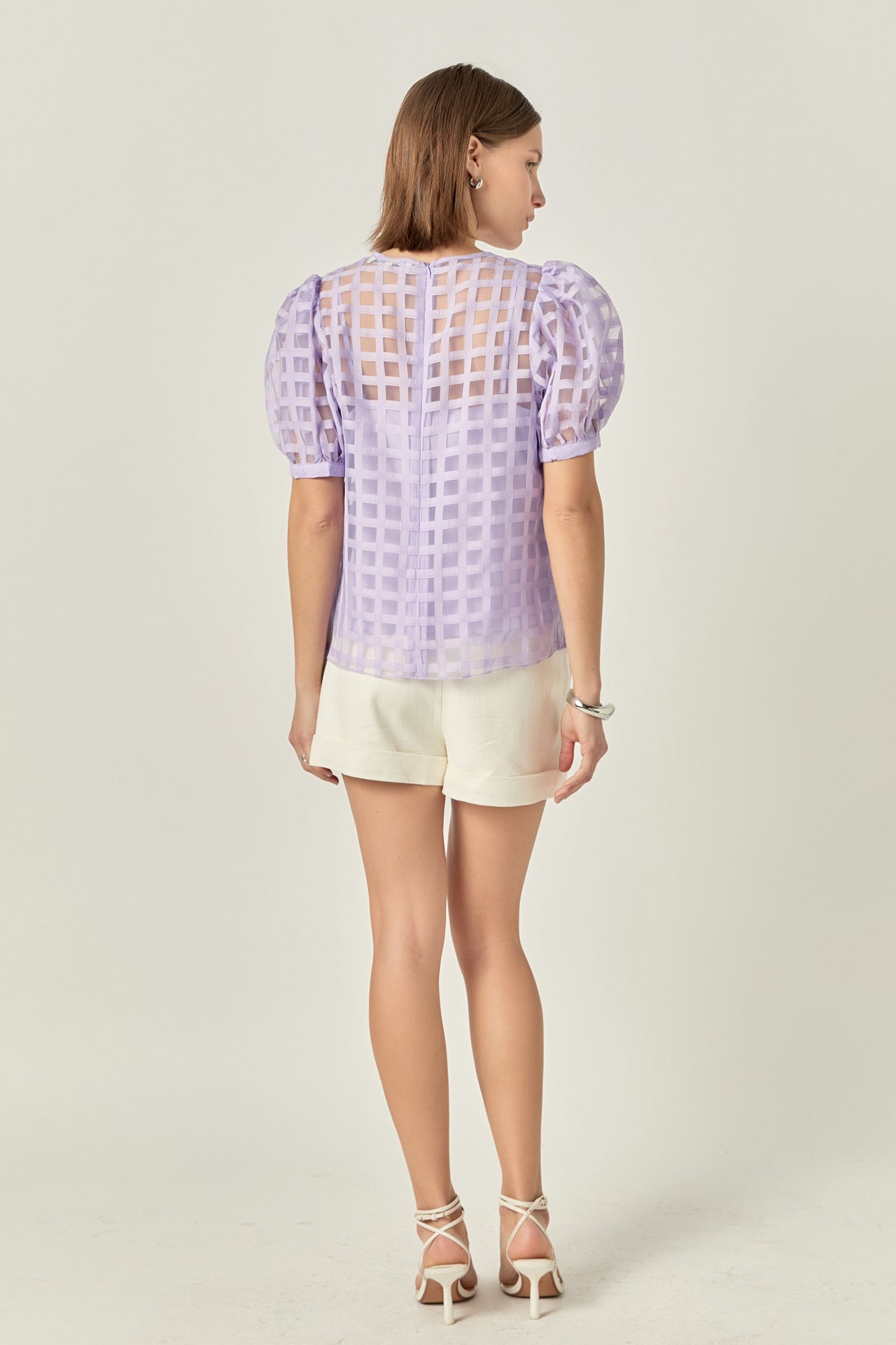 ENGLISH FACTORY - Puff Sleeve Plaid Sheer Top - TOPS available at Objectrare