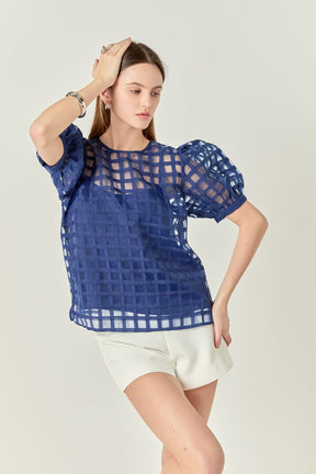 ENGLISH FACTORY - Puff Sleeve Plaid Sheer Top - TOPS available at Objectrare