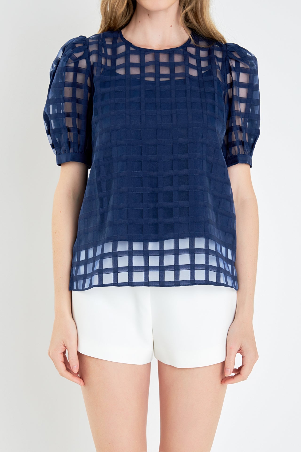 English Factory - Plaid Sheer Puff Sleeve Top