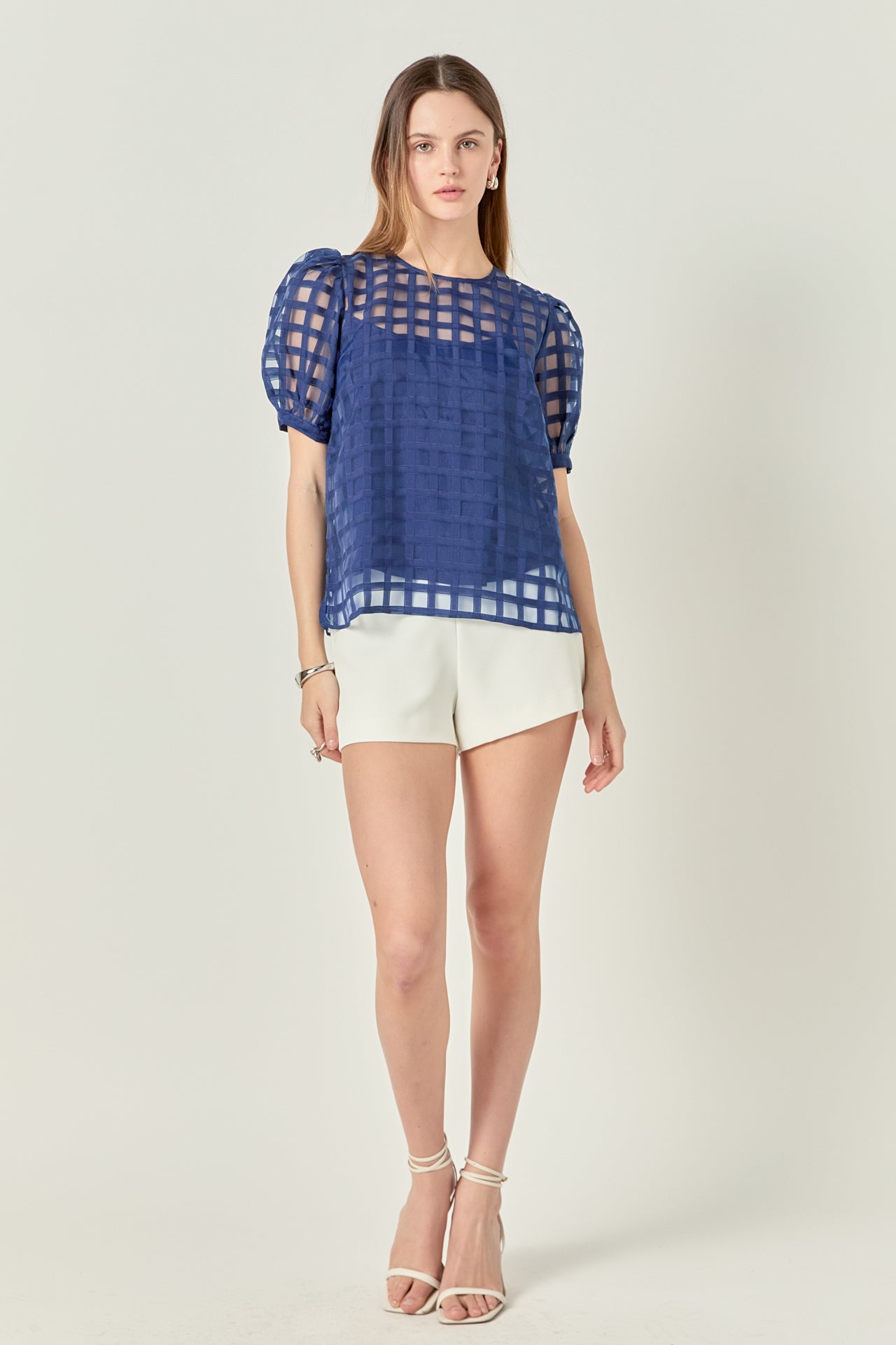 ENGLISH FACTORY - Puff Sleeve Plaid Sheer Top - TOPS available at Objectrare