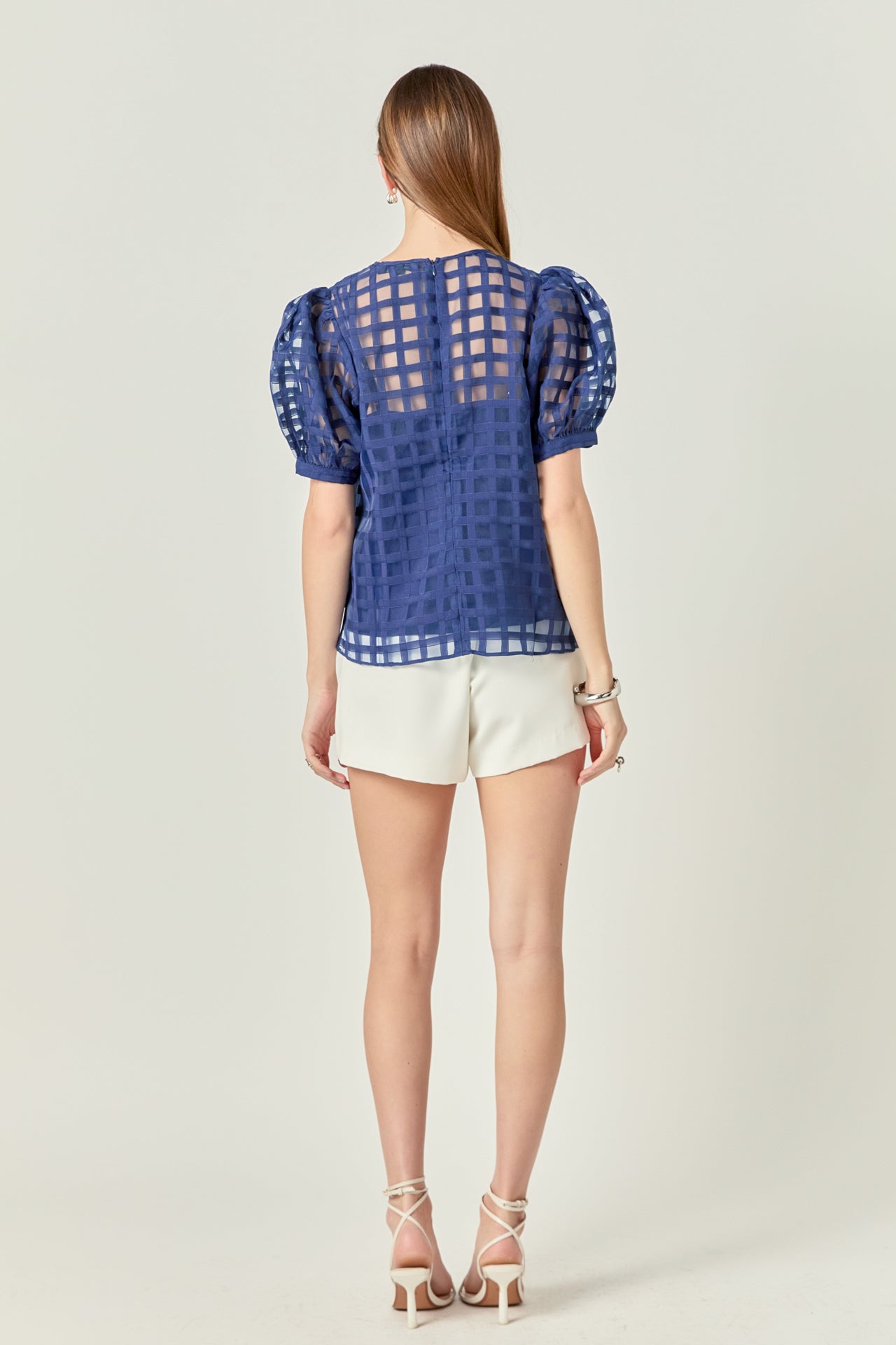 ENGLISH FACTORY - Puff Sleeve Plaid Sheer Top - TOPS available at Objectrare