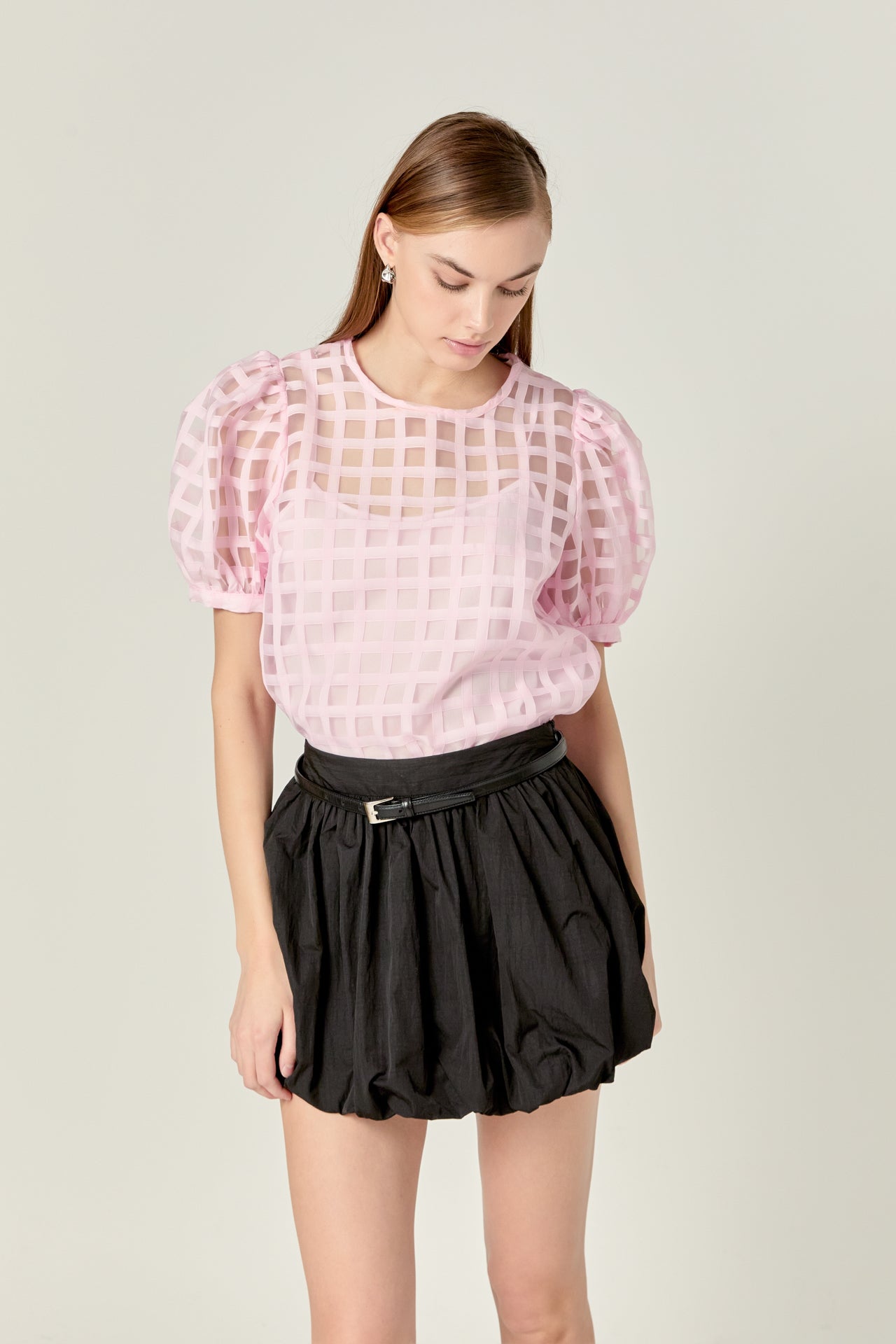 Puff Sleeve Plaid Sheer Top