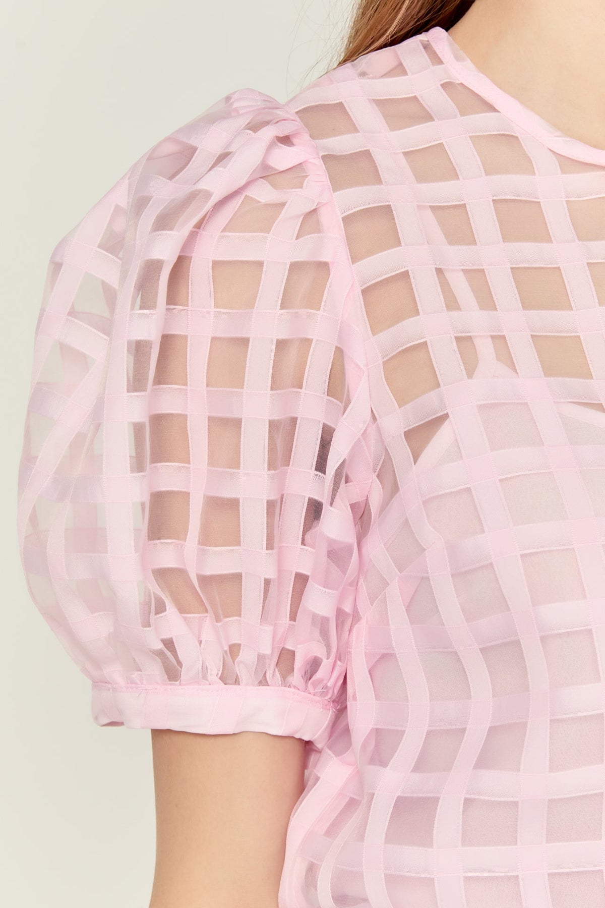 Puff Sleeve Plaid Sheer Top