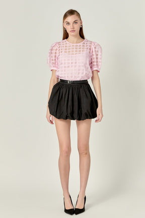 Puff Sleeve Plaid Sheer Top