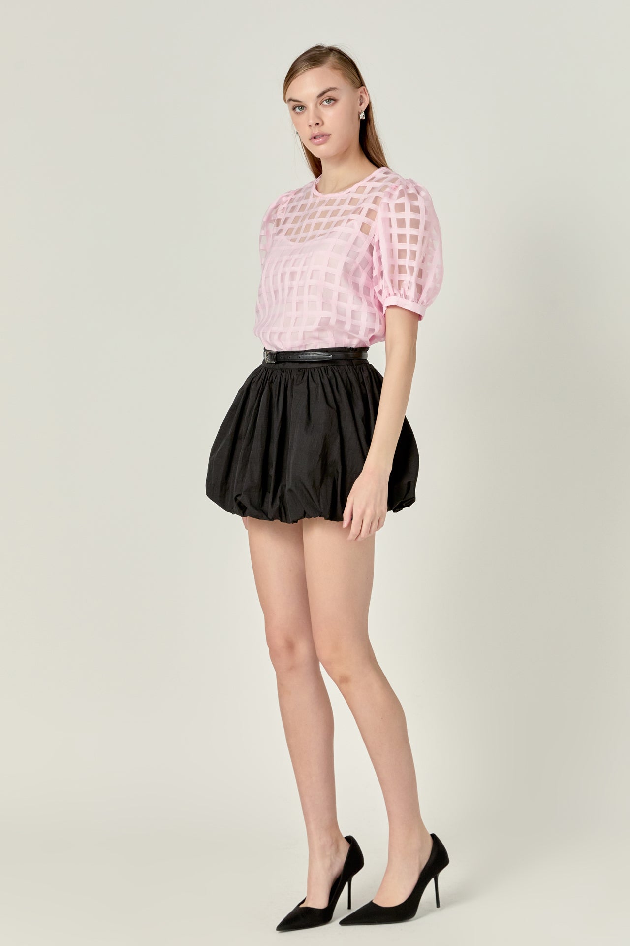 Puff Sleeve Plaid Sheer Top