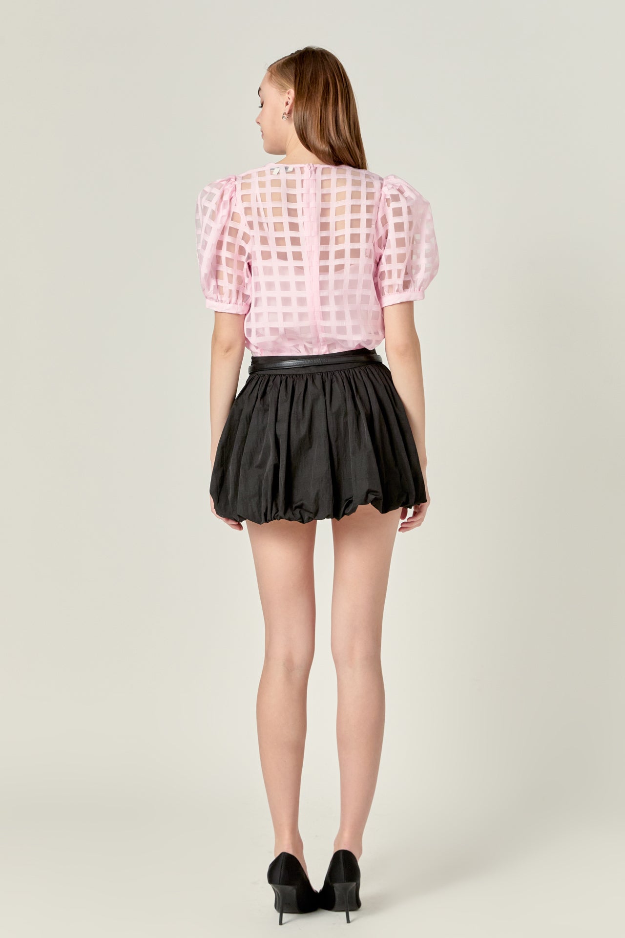 Puff Sleeve Plaid Sheer Top