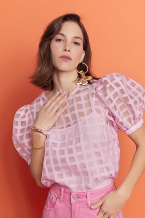 ENGLISH FACTORY - English Factory - Plaid Sheer Puff Sleeve Top - TOPS available at Objectrare