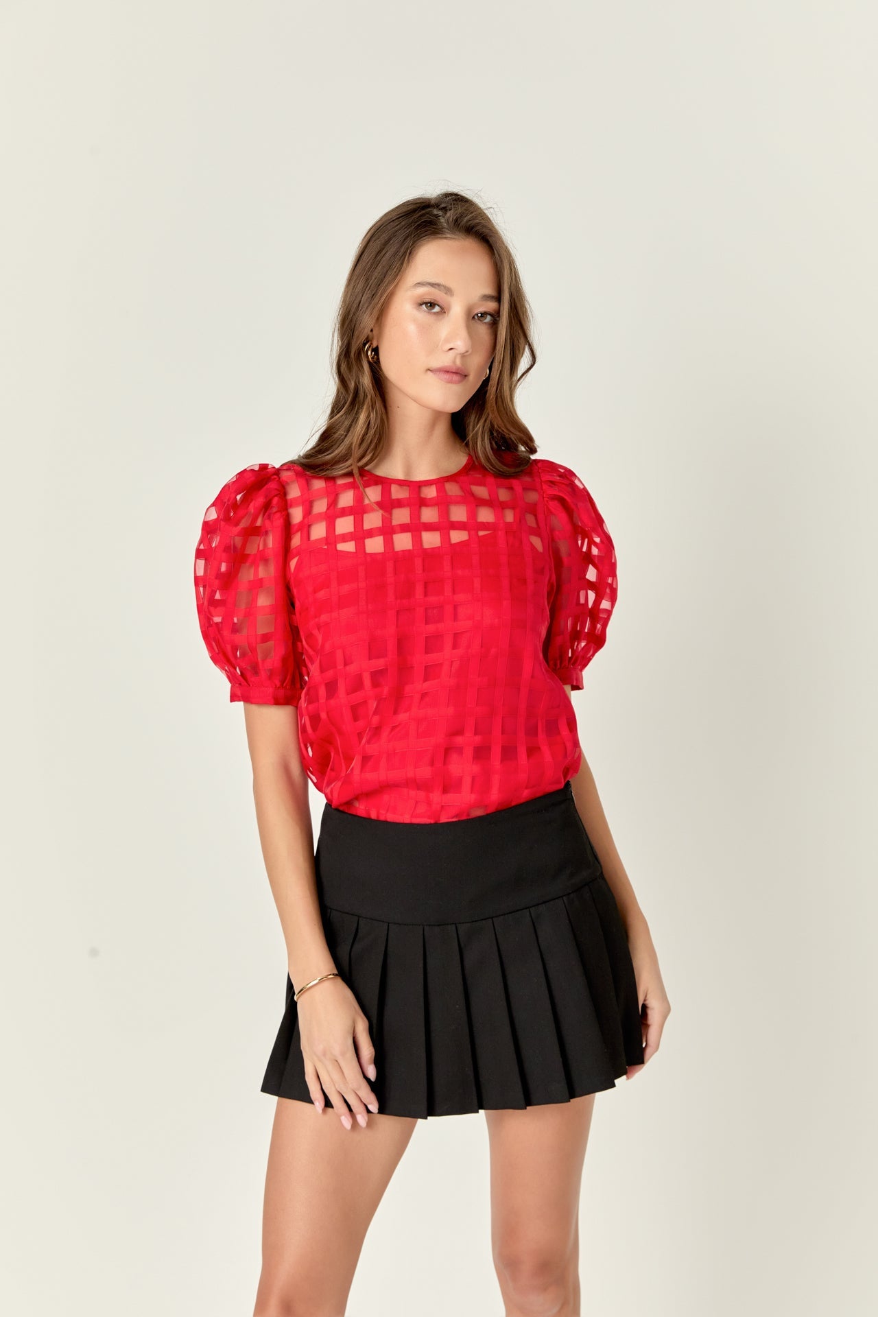 Puff Sleeve Plaid Sheer Top