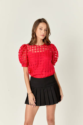 Puff Sleeve Plaid Sheer Top