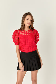 Plaid Sheer Puff Sleeve Top