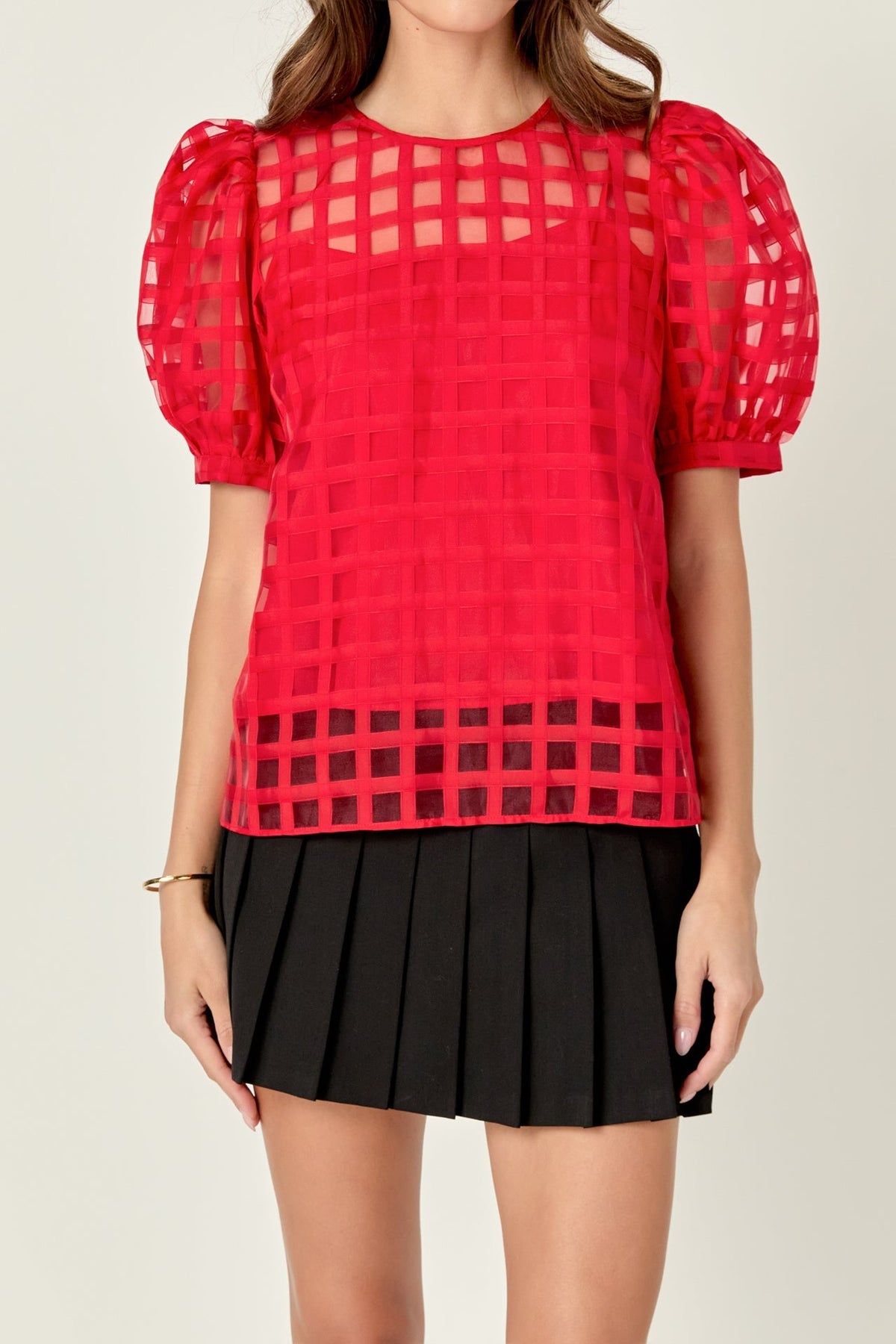 Sheer Plaid Puff Sleeve Top