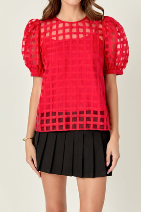 Sheer Plaid Puff Sleeve Top