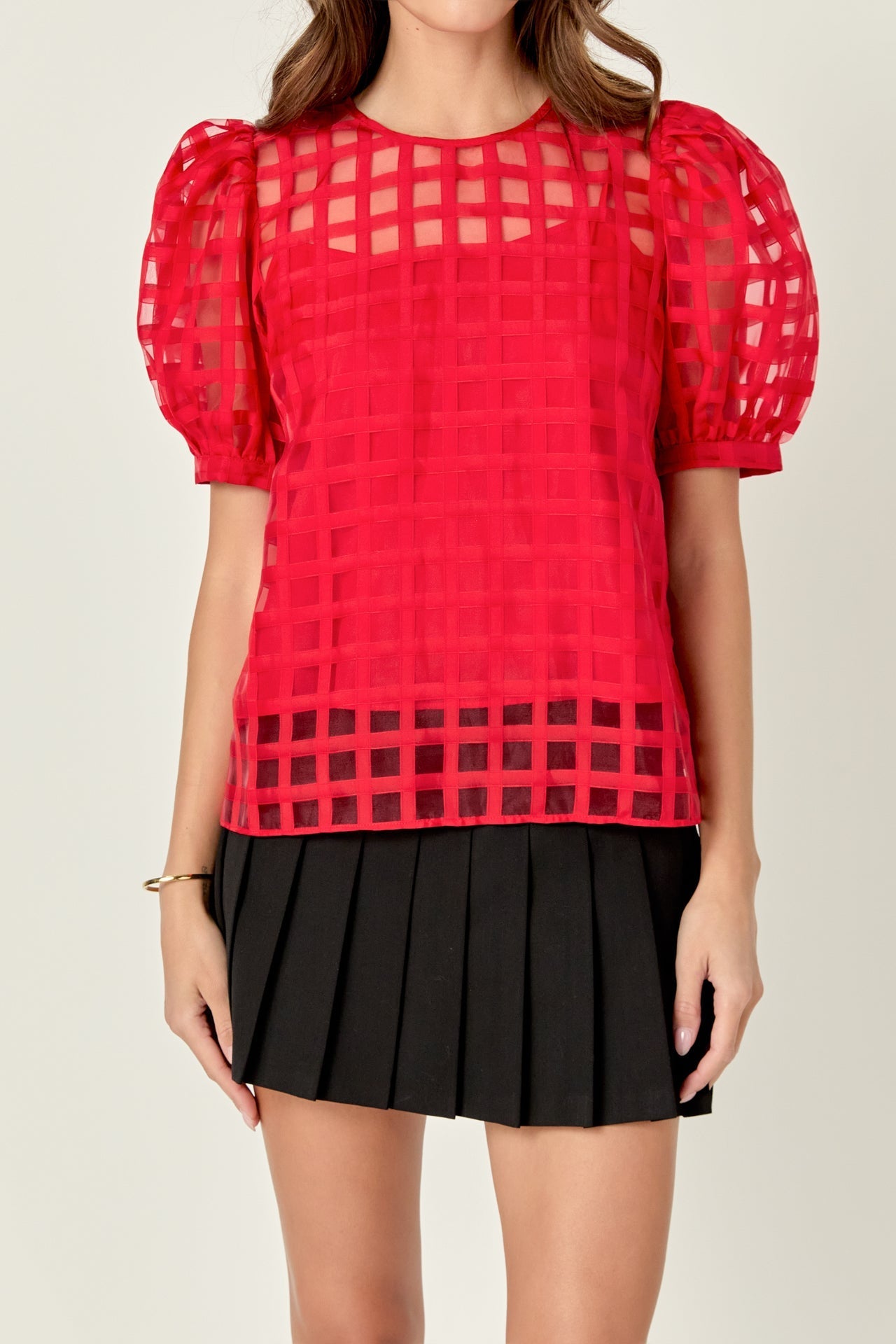 Sheer Plaid Puff Sleeve Top