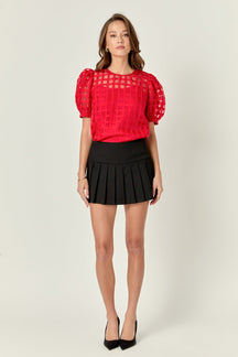Sheer Plaid Puff Sleeve Top