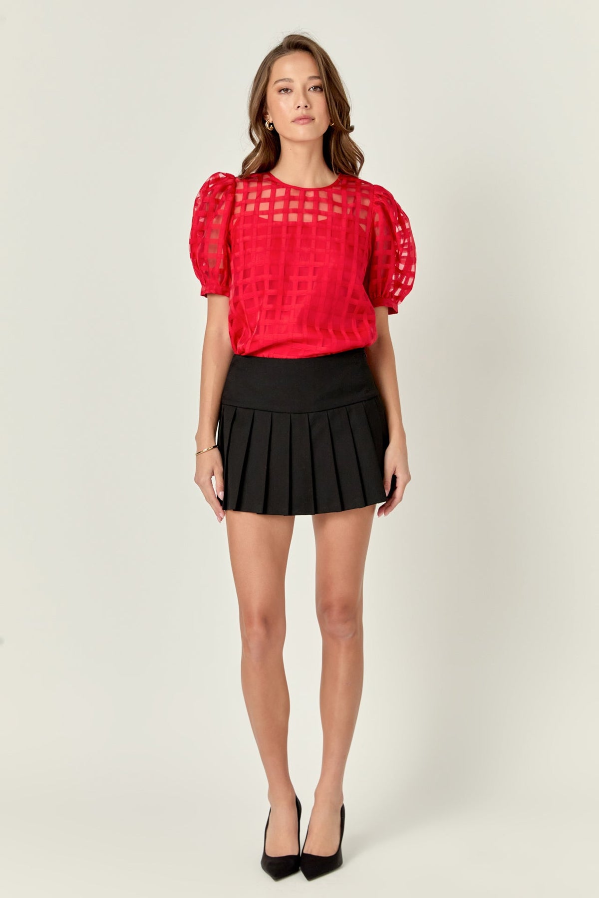 Sheer Plaid Puff Sleeve Top