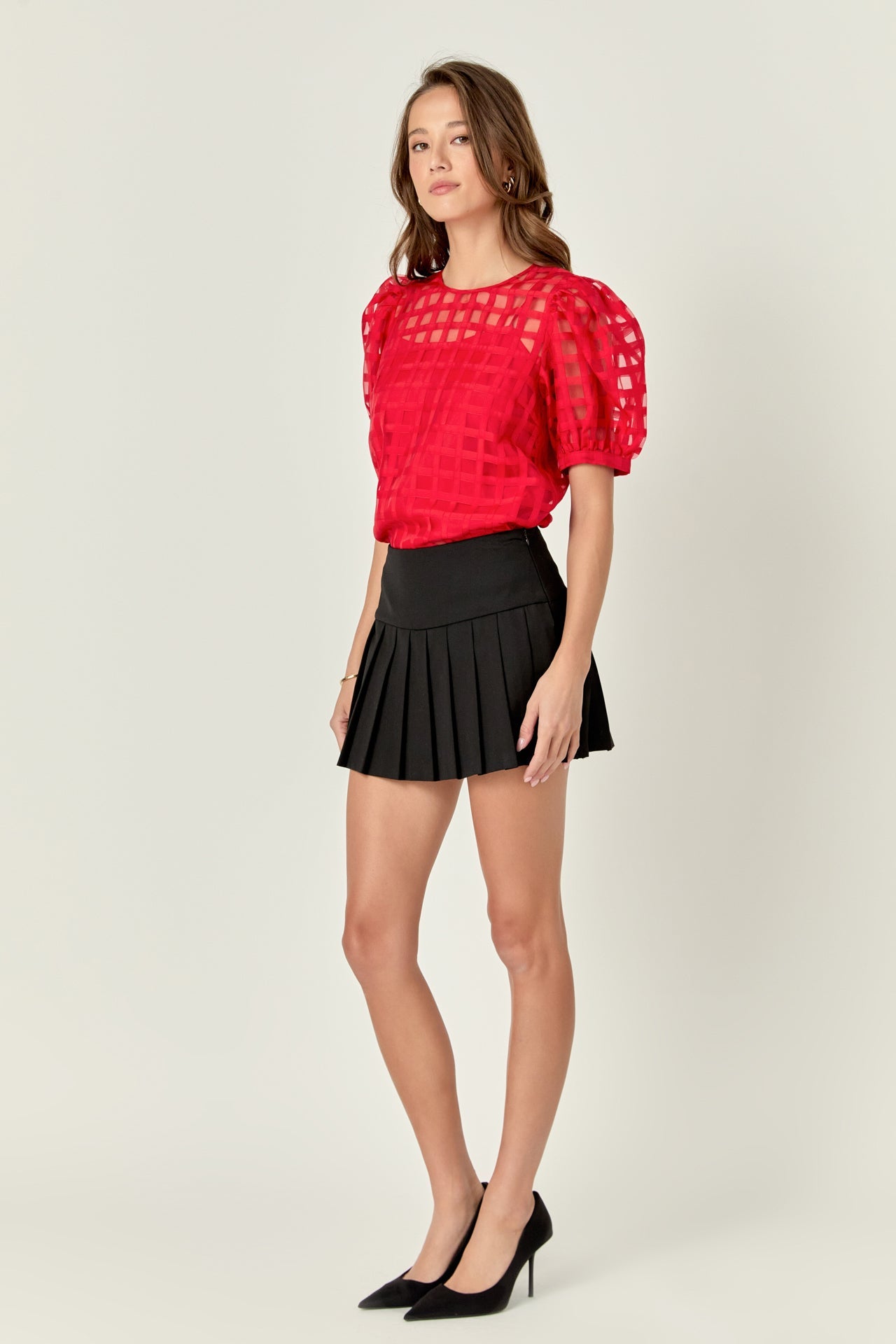Sheer Plaid Puff Sleeve Top