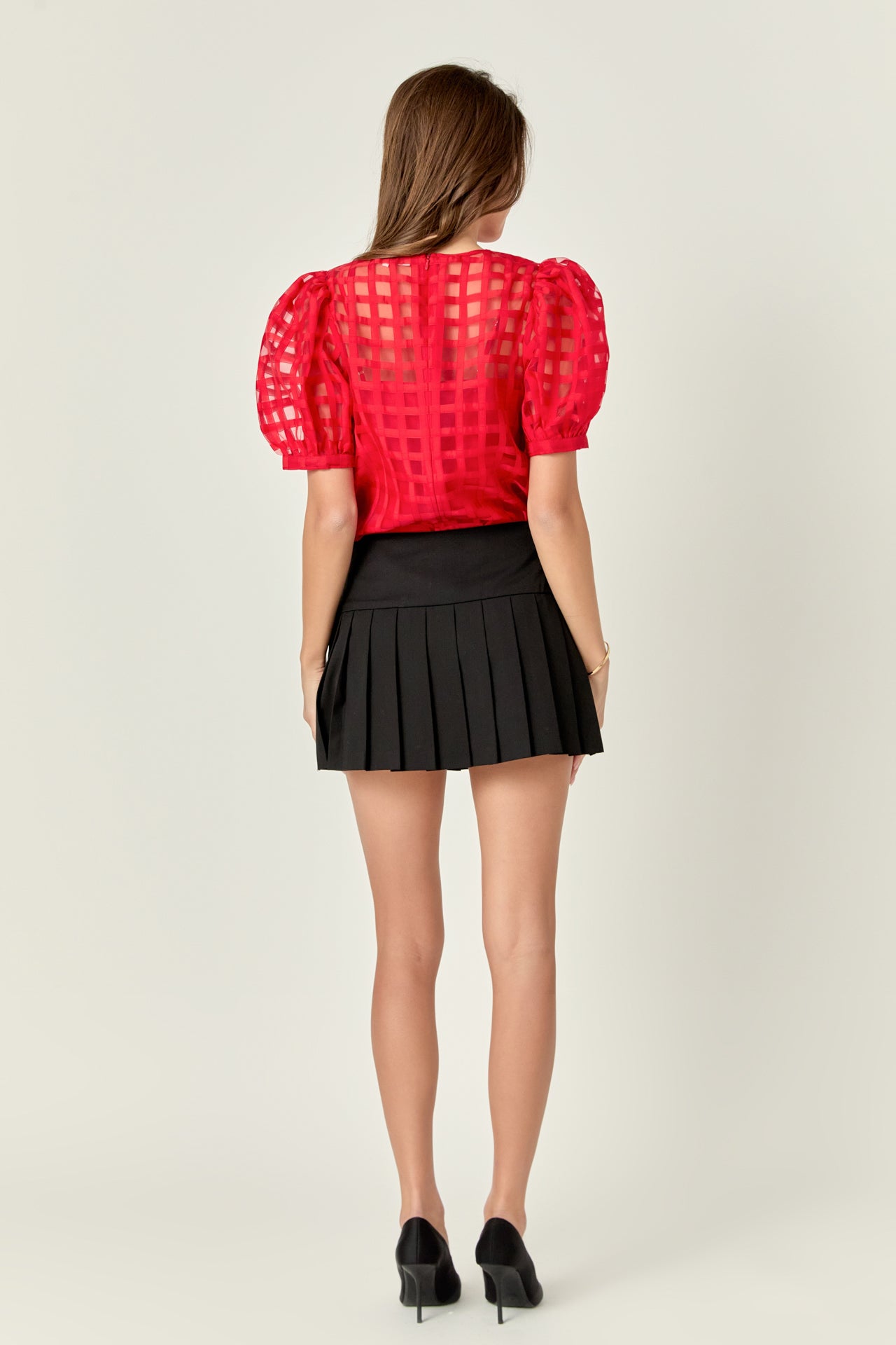 ENGLISH FACTORY - Sheer Plaid Puff Sleeve Top - TOPS available at Objectrare