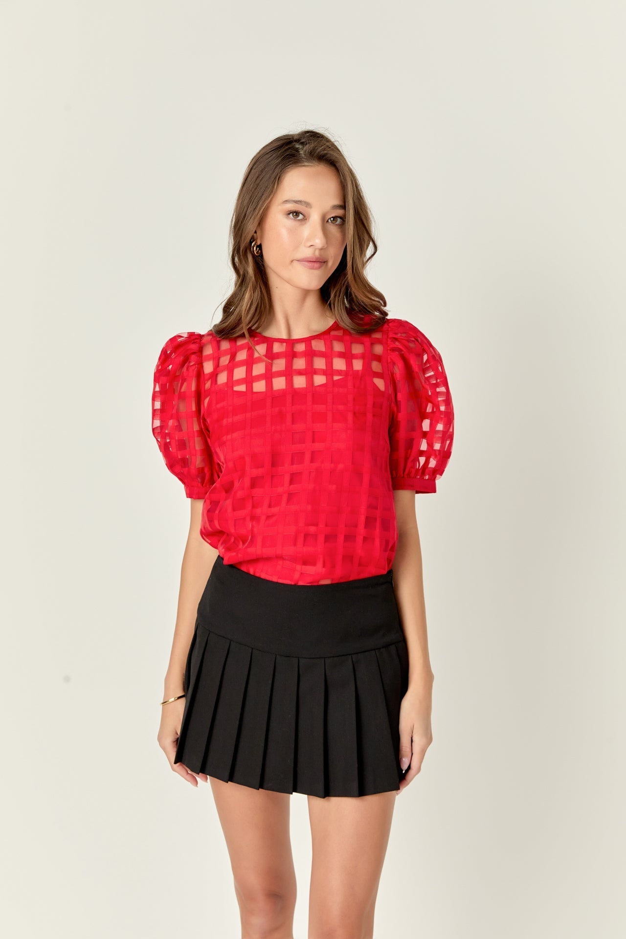 Sheer Plaid Puff Sleeve Top