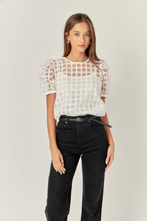 Puff Sleeve Plaid Sheer Top