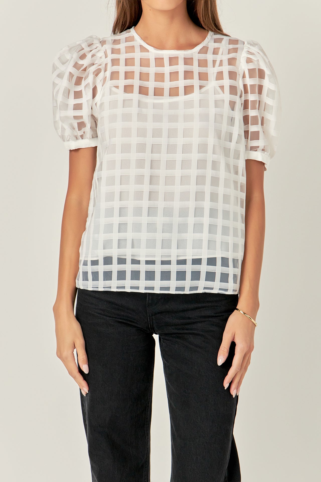Puff Sleeve Plaid Sheer Top