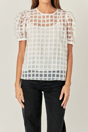Puff Sleeve Plaid Sheer Top
