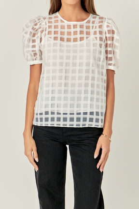 Plaid Sheer Puff Sleeve Top