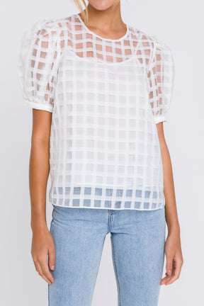 Puff Sleeve Plaid Sheer Top