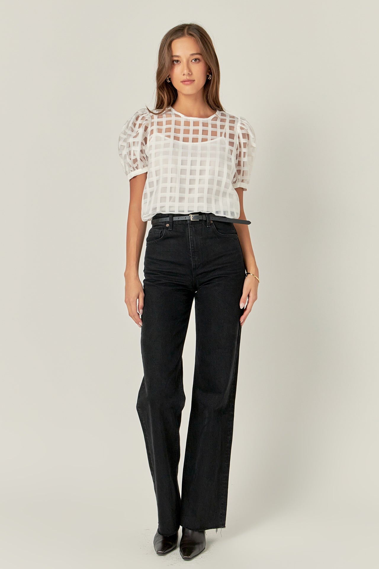 ENGLISH FACTORY - Plaid Sheer Puff Sleeve Top - TOPS available at Objectrare