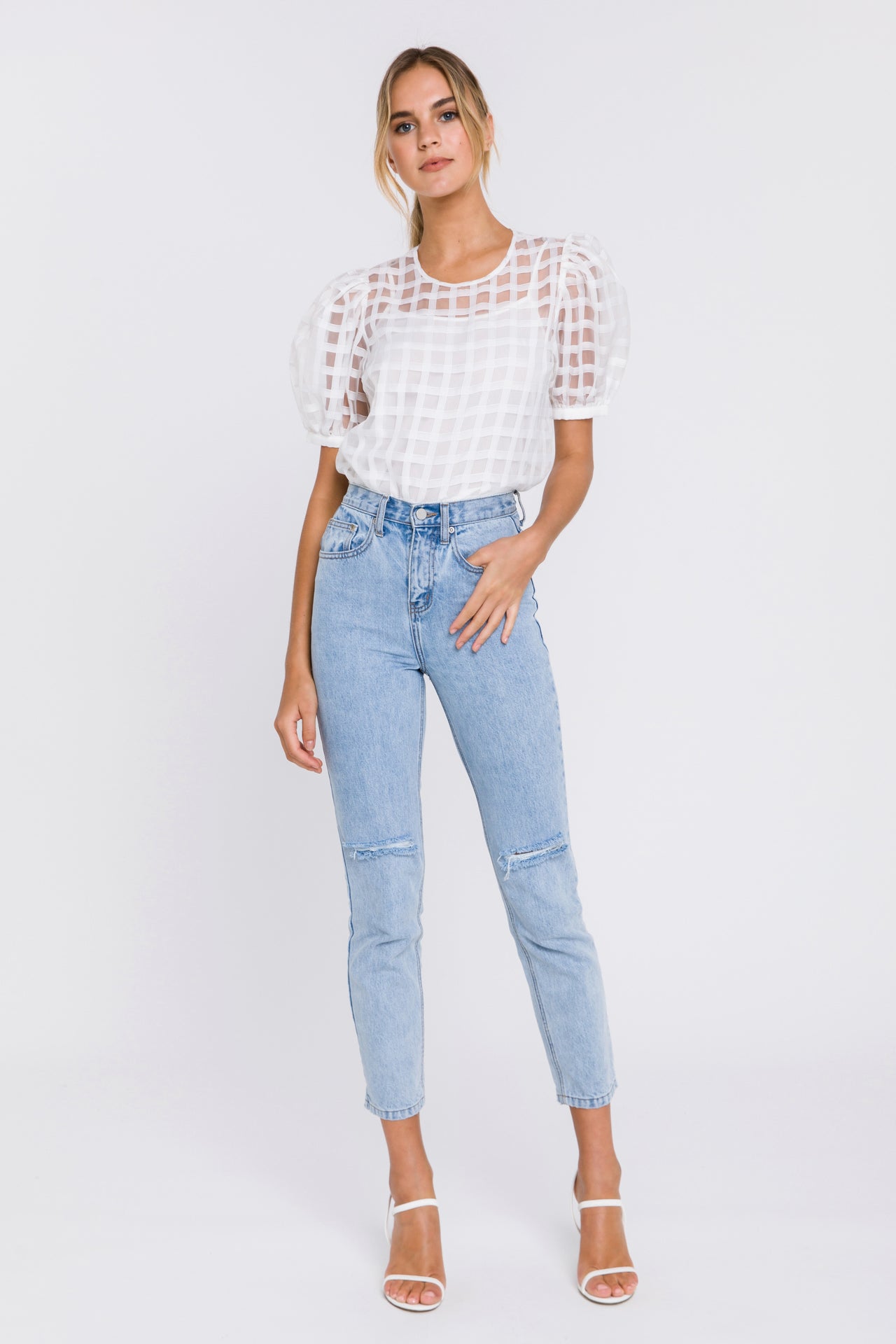 Puff Sleeve Plaid Sheer Top