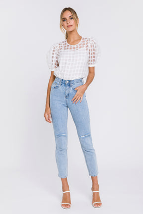 Puff Sleeve Plaid Sheer Top