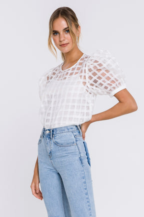 Puff Sleeve Plaid Sheer Top