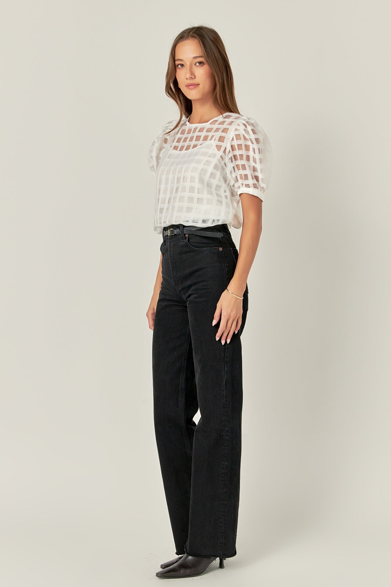 Puff Sleeve Plaid Sheer Top