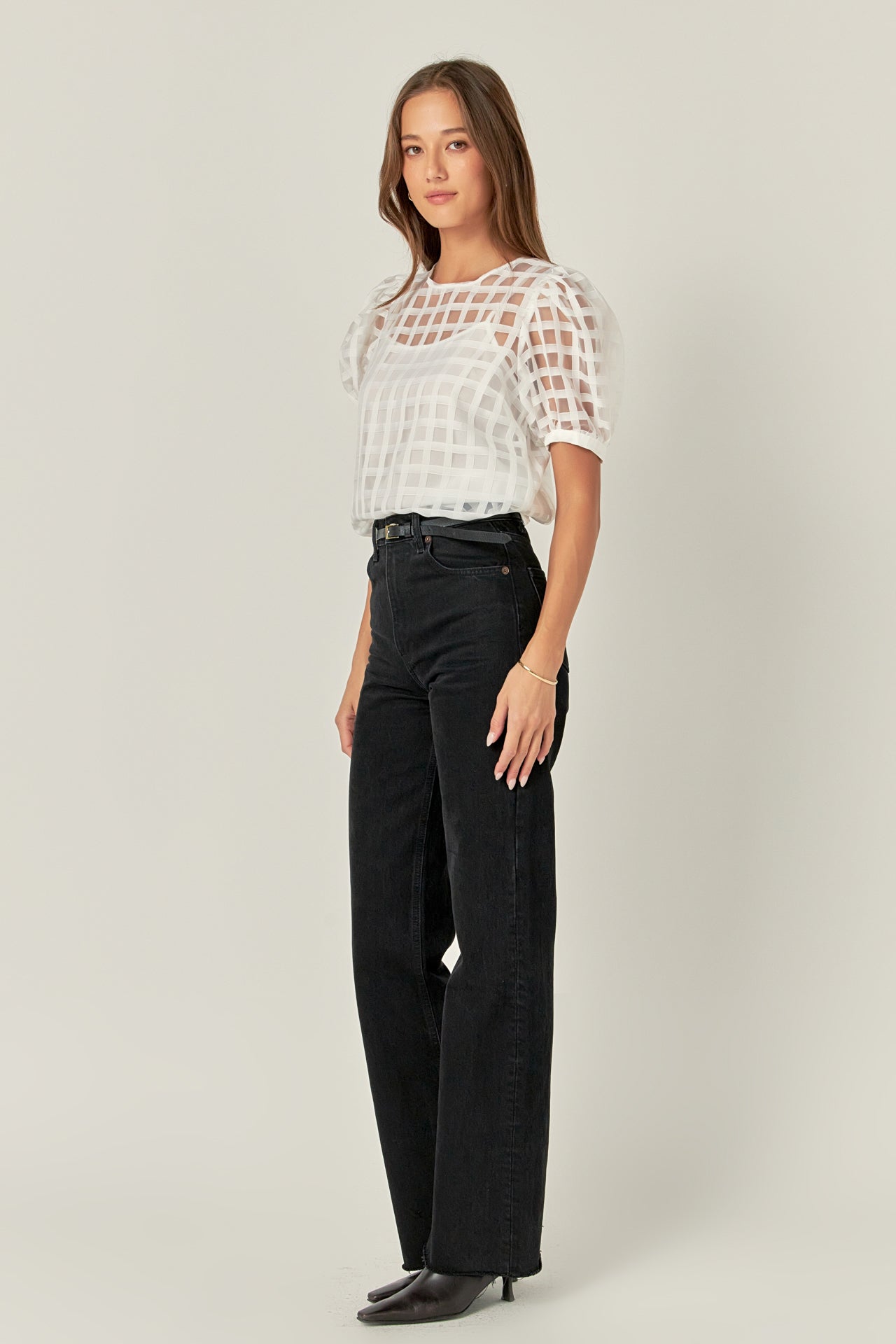 ENGLISH FACTORY - English Factory - Plaid Sheer Puff Sleeve Top - TOPS available at Objectrare