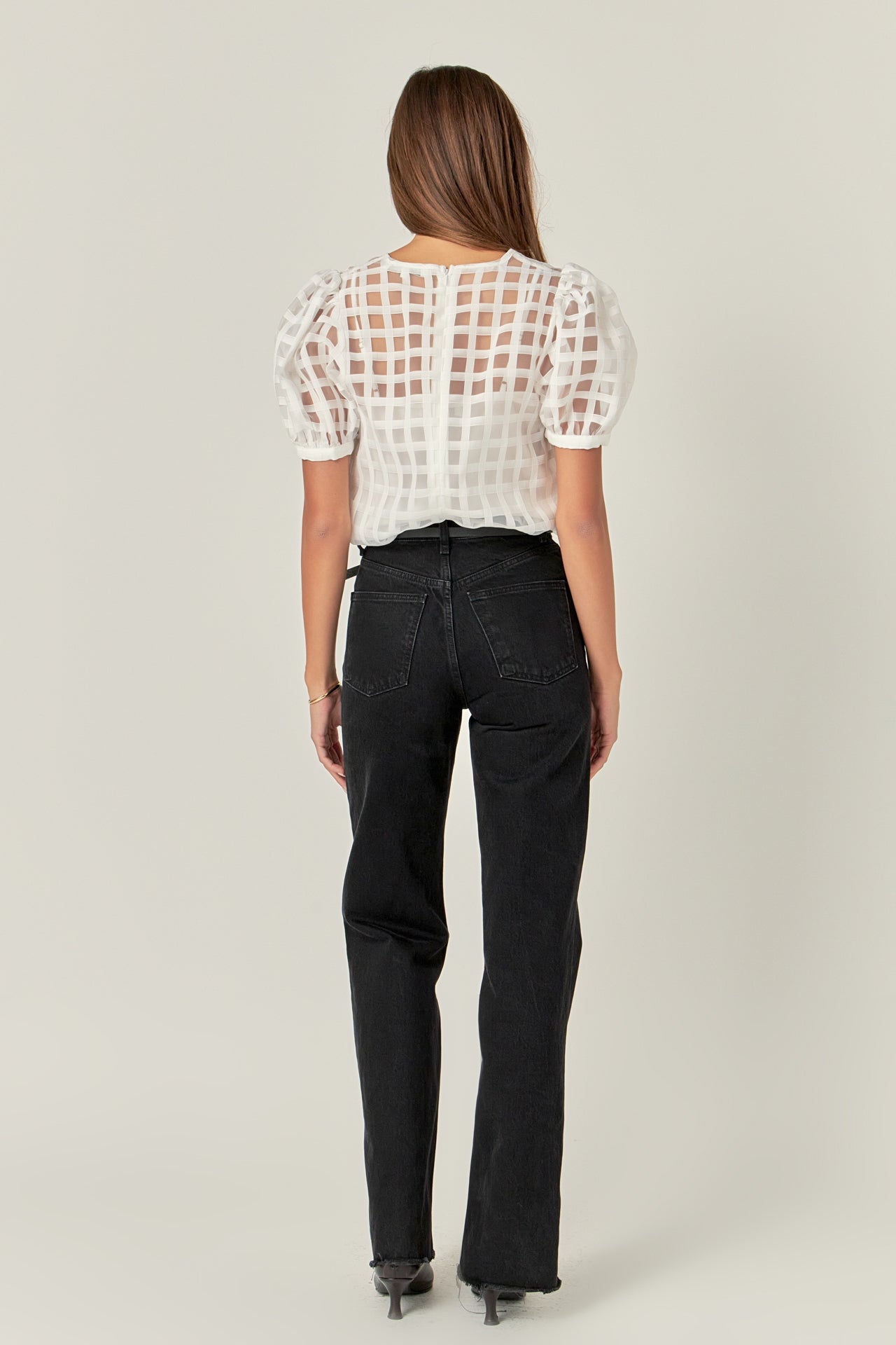 Puff Sleeve Plaid Sheer Top