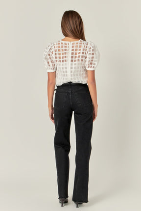 Puff Sleeve Plaid Sheer Top