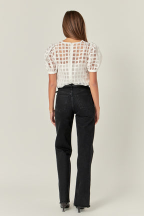 Plaid Sheer Puff Sleeve Top