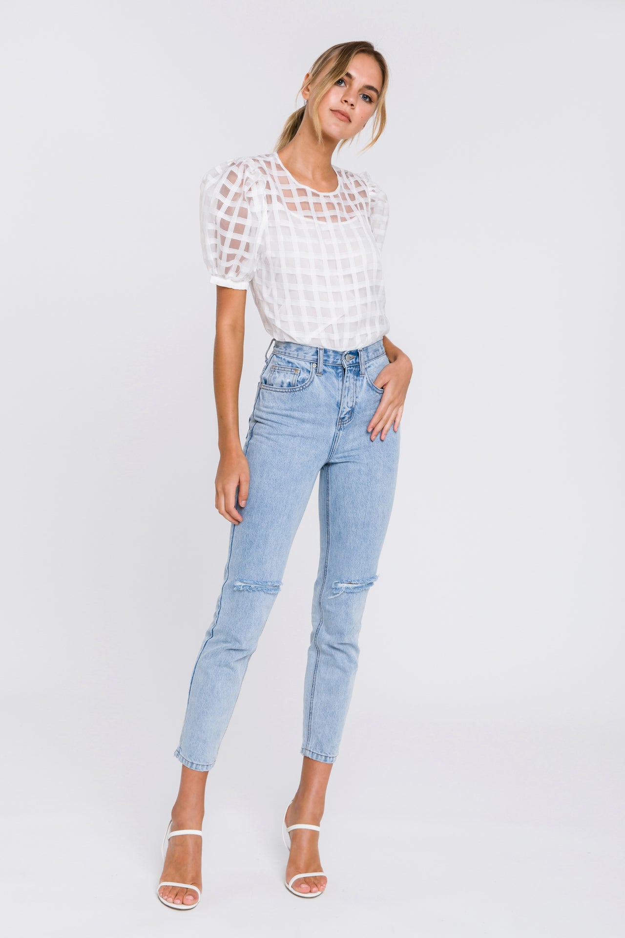 Puff Sleeve Plaid Sheer Top