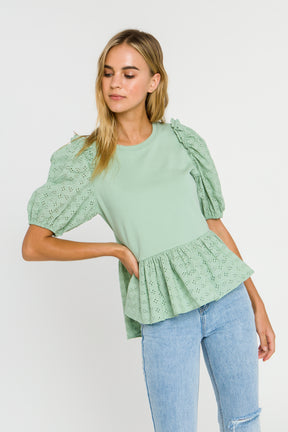 LA'VEN - Eyelet Combo Peplum Top - TOPS available at Objectrare