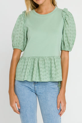 LA'VEN - Eyelet Combo Peplum Top - TOPS available at Objectrare