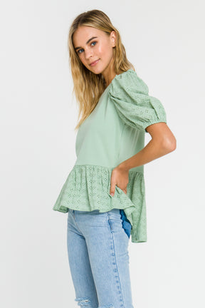 LA'VEN - Eyelet Combo Peplum Top - TOPS available at Objectrare