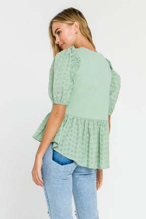LA'VEN - Eyelet Combo Peplum Top - TOPS available at Objectrare