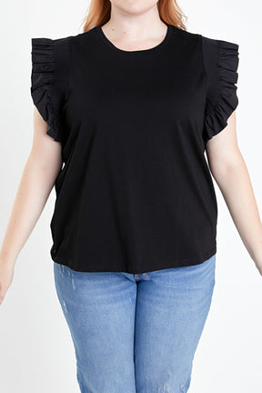 ENGLISH FACTORY - Plus Size Poplin Knit Mixed Ruffle Detail Top - TOPS available at Objectrare