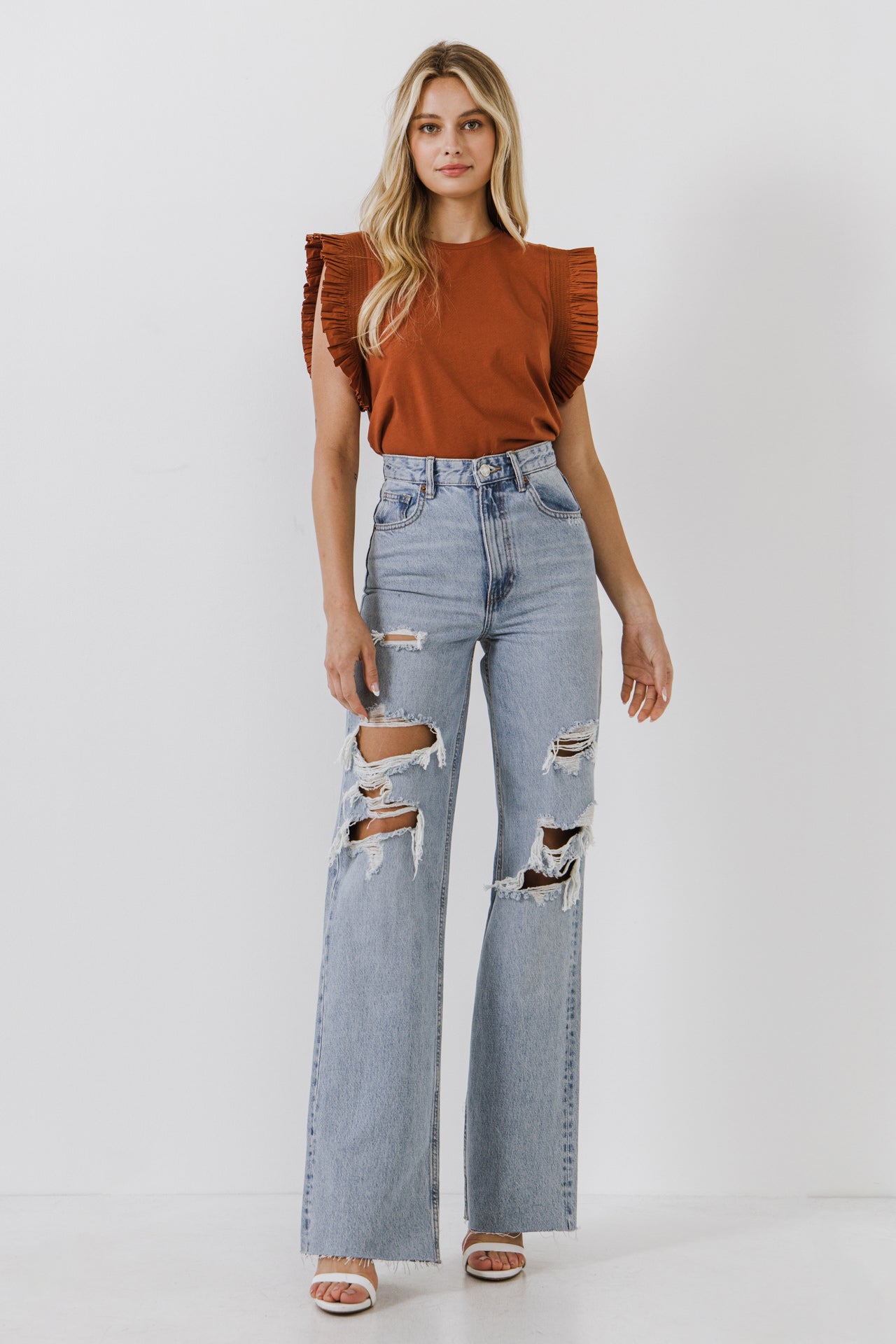 ENGLISH FACTORY - Poplin Knit Mixed Ruffle Detail Top - TOPS available at Objectrare