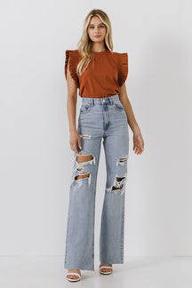 ENGLISH FACTORY - Poplin Knit Mixed Ruffle Detail Top - TOPS available at Objectrare